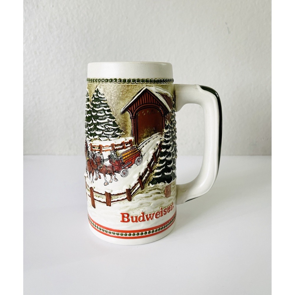 Vintage 1984 Budweiser Beer Holiday Christmas Stein Mug Clydesdales Ceramarte